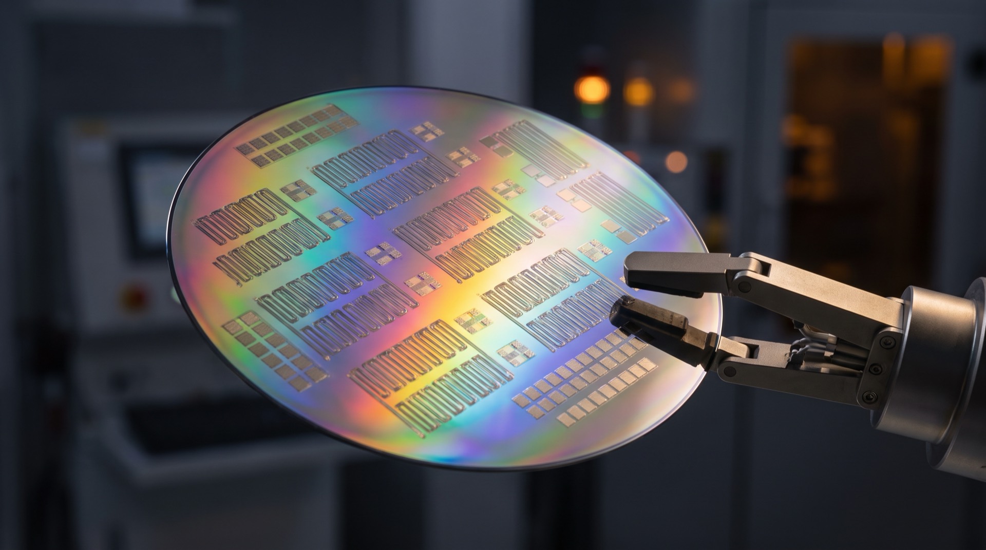 Daisy chain test wafer with meander metal traces and probe pads