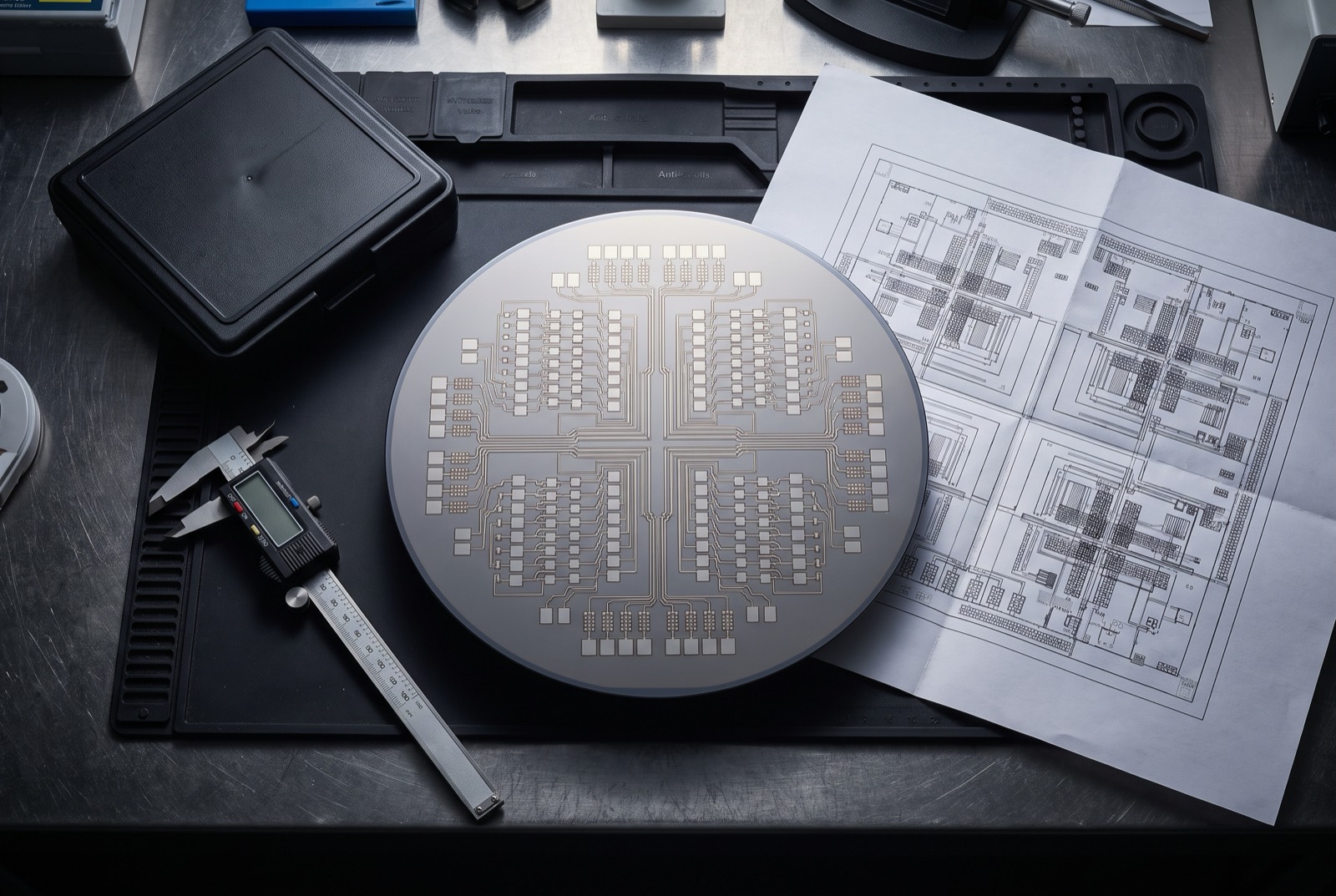 Daisy chain test wafer with probe pad arrays beside a GDSII layout printout