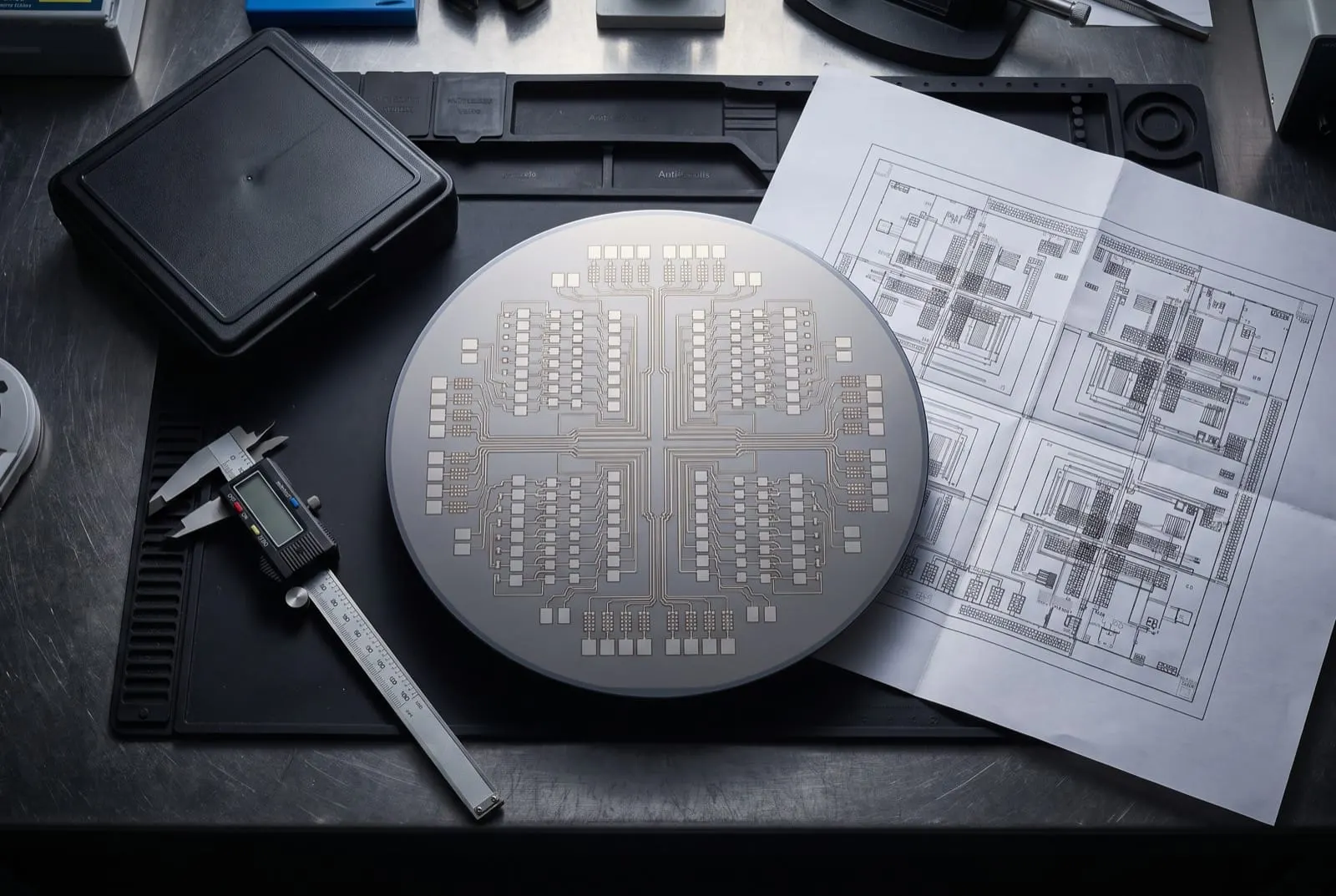 Daisy chain test wafer with probe pad arrays beside a GDSII layout printout