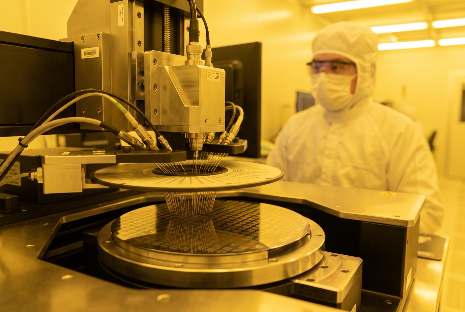 Automated wafer prober testing a test wafer in an ISO 9001 cleanroom