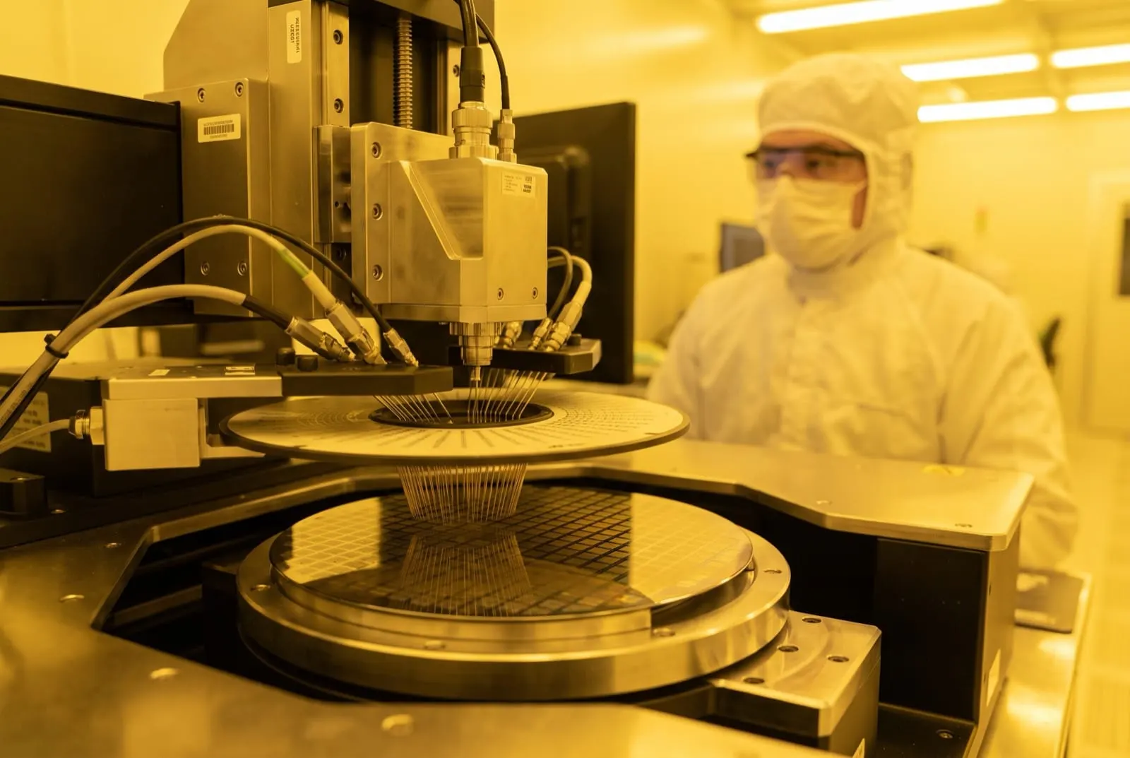 Automated wafer prober testing a test wafer in an ISO 9001 cleanroom
