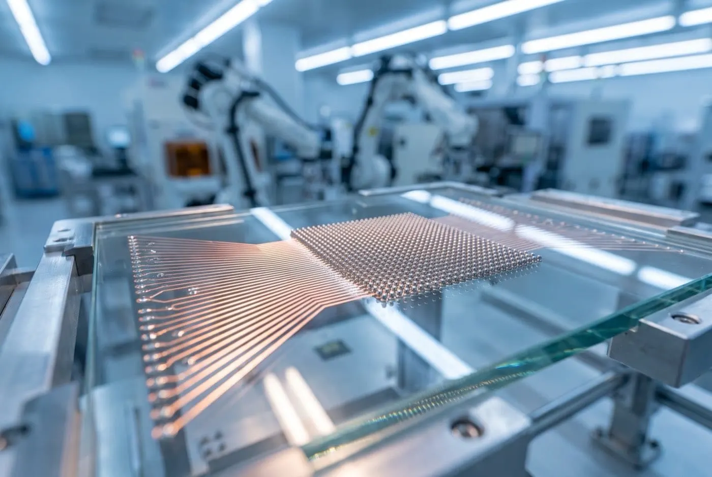 Glass interposer panel with copper redistribution traces and micro-bump array