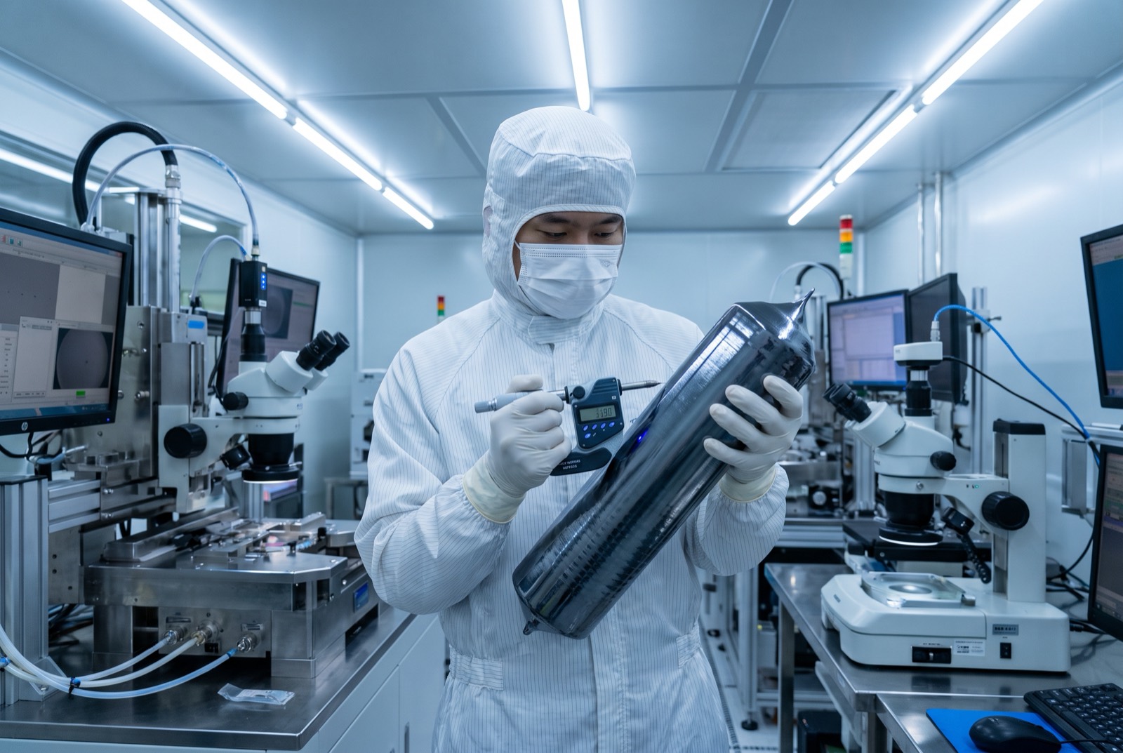 Technician inspecting a silicon ingot with a precision measurement instrument